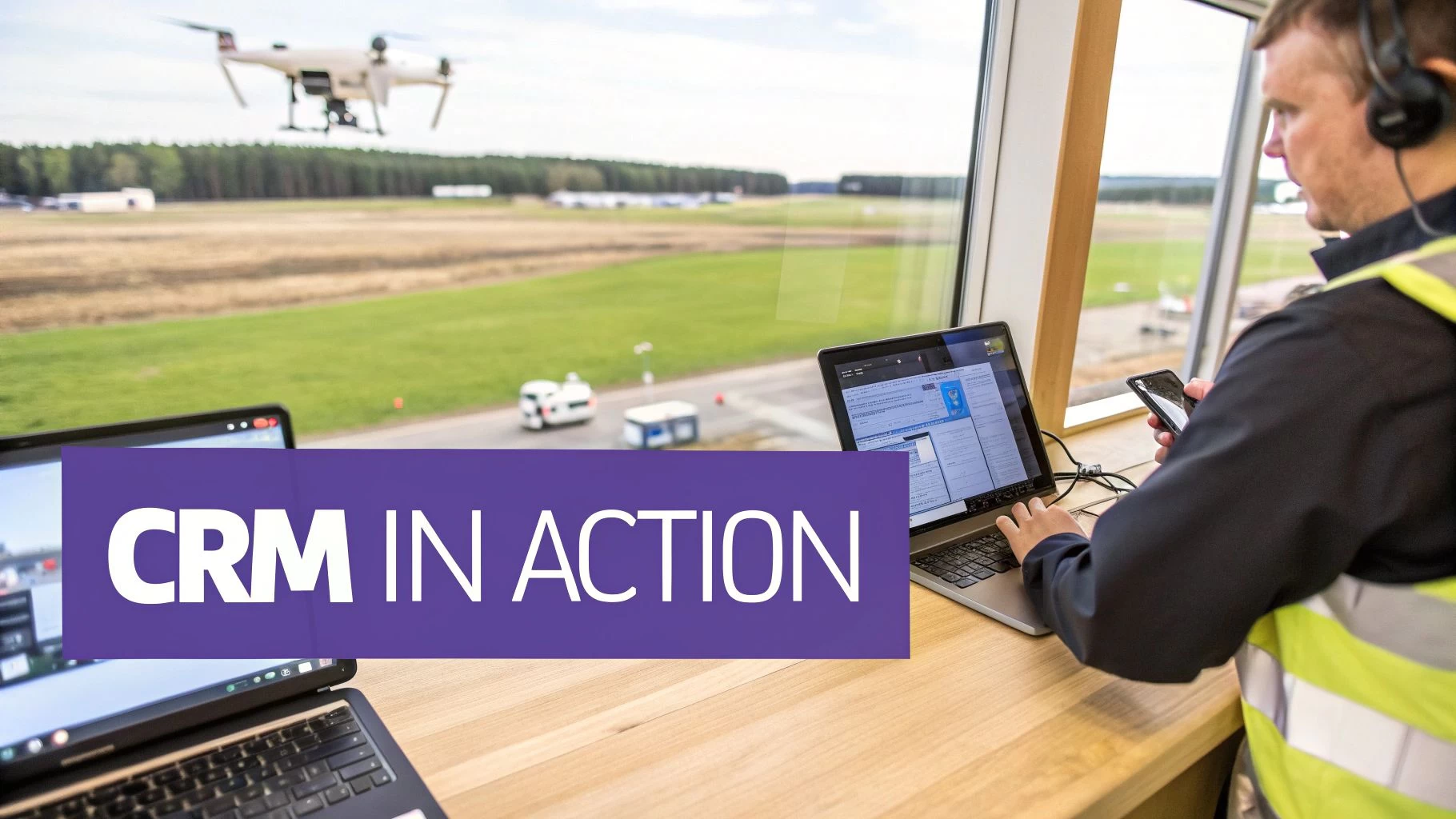 An air traffic controller uses a laptop and phone, overlooking an airfield with a drone, demonstrating CRM in action.