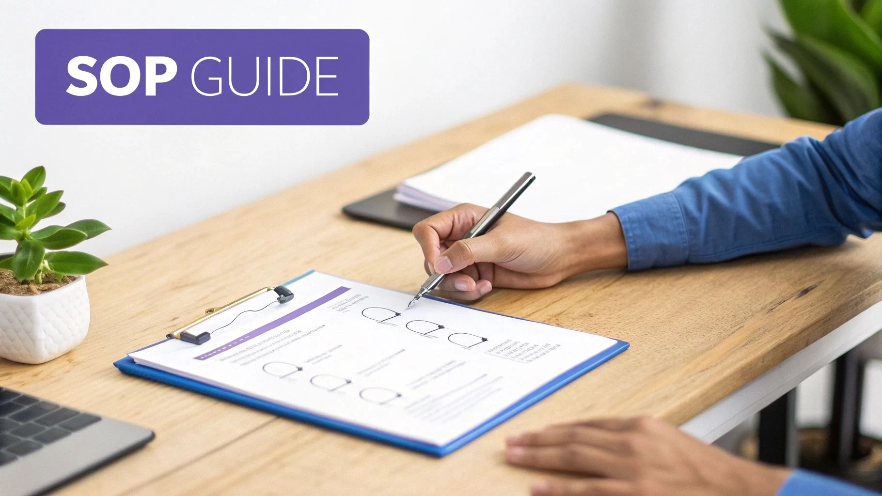 A person writing down a procedure on a clipboard, symbolizing the creation of a standard operating procedure.