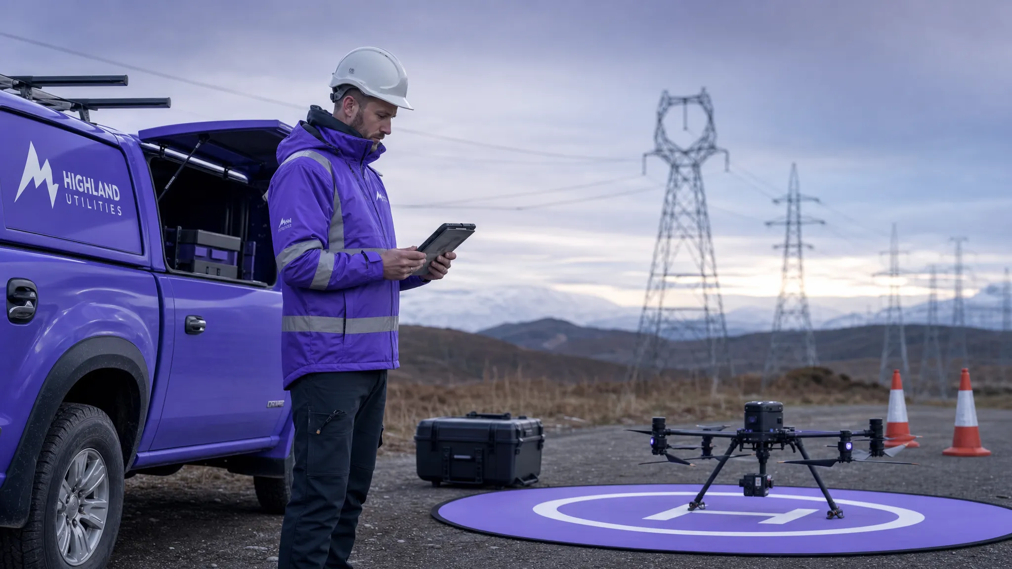 A professional drone operator stands beside a utility inspection vehicle in an open rural site, reviewing a pre-flight checklist while a drone rests on a landing pad nearby and overhead power infrastructure is visible in the distance.