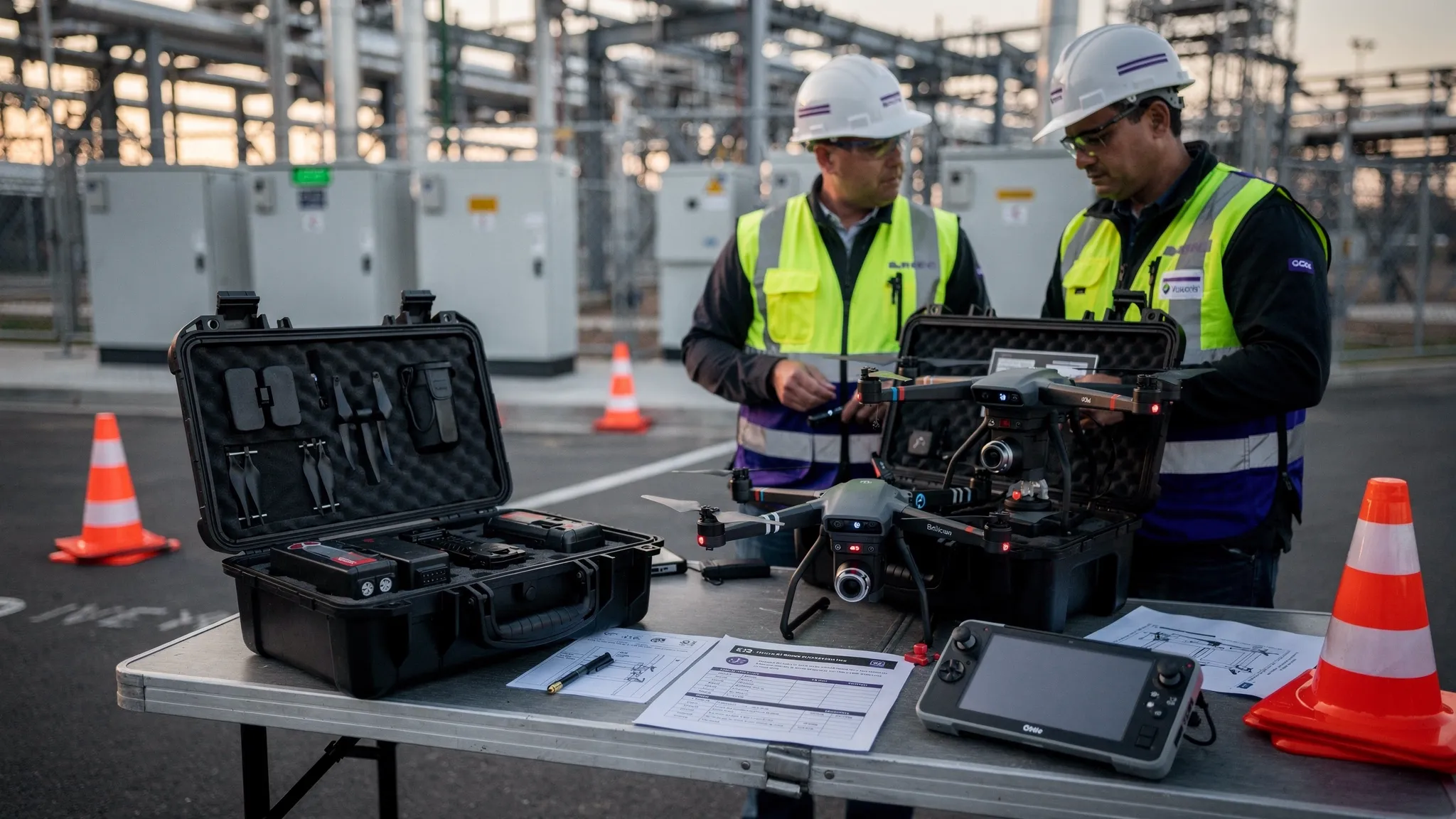 A commercial drone team preparing equipment beside a utility site, with drones, field cases, safety cones and printed briefing documents arranged for a professional inspection job.