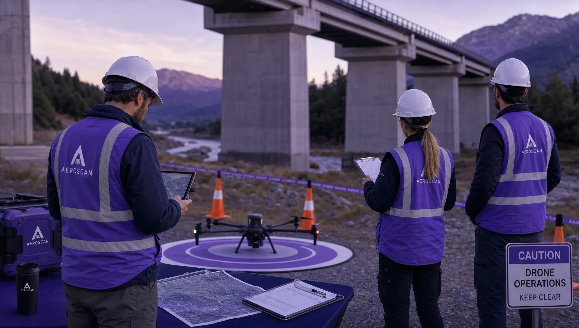 A drone team prepares for an infrastructure inspection beside a safety perimeter, with a drone on a landing pad, a site map, checklists and cones.