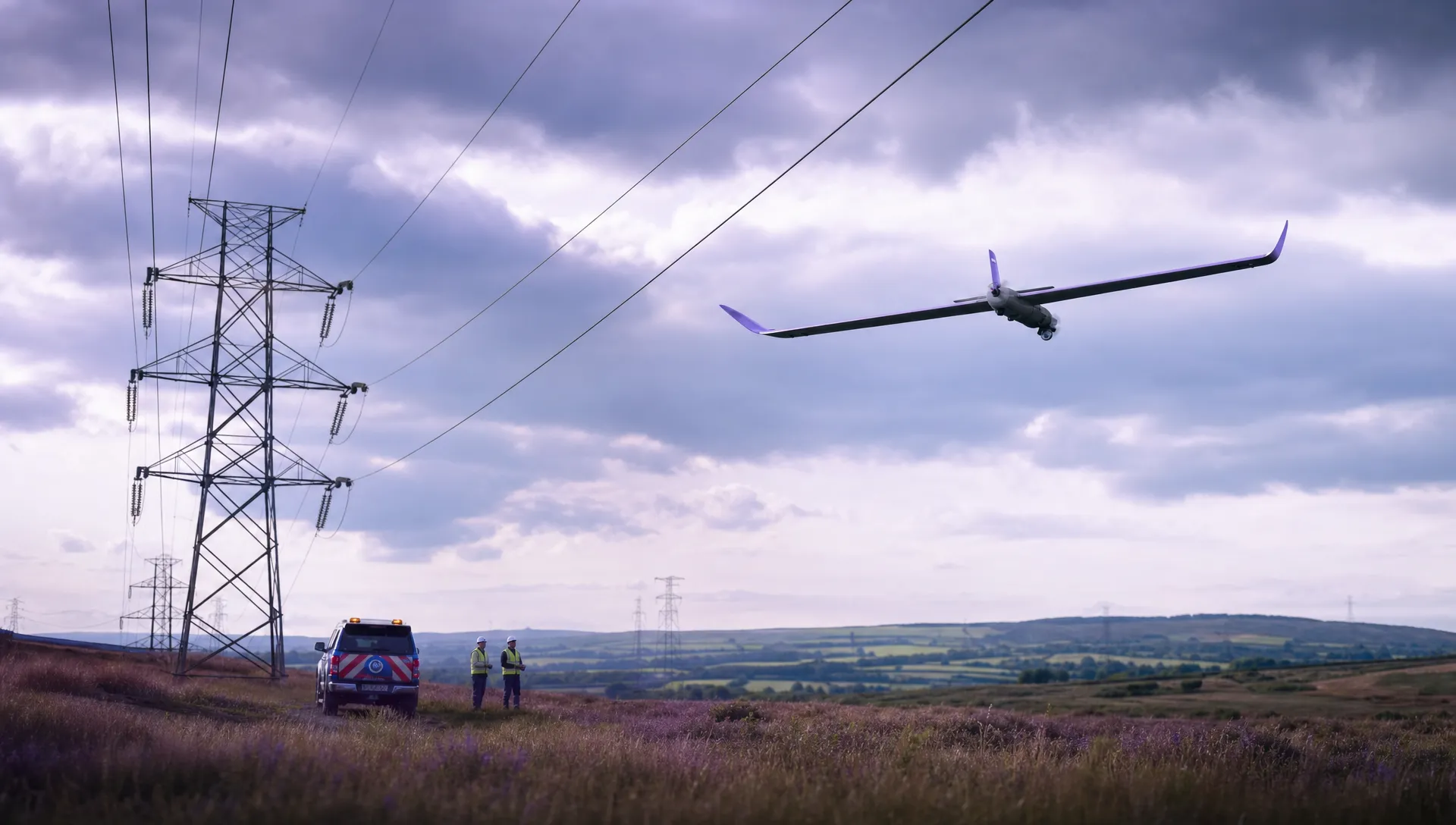 A fixed-wing drone flies beyond a utility corridor over rural fields, with power lines, a service vehicle and a small ground crew in the distance.