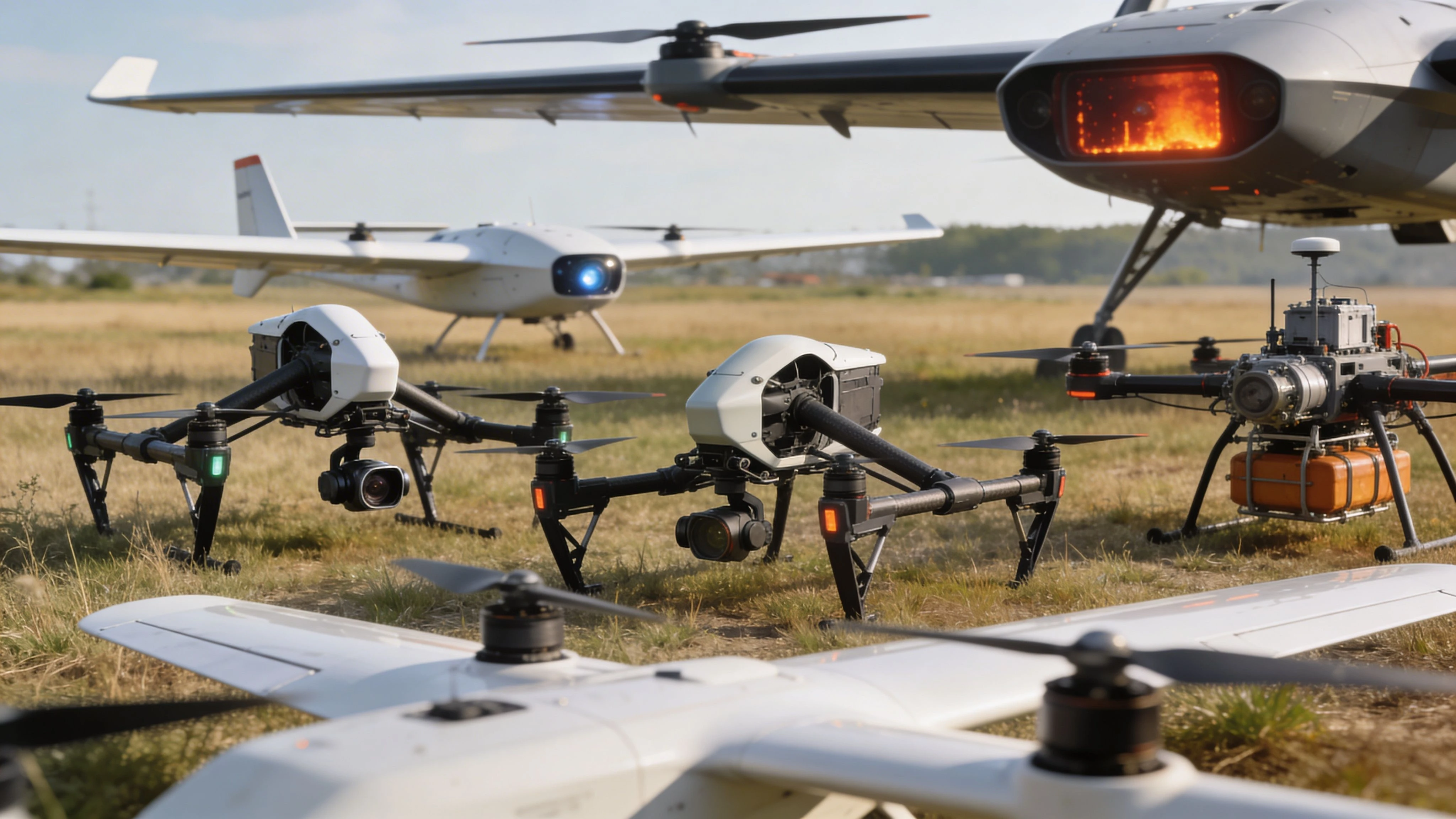 A group of various professional industrial drones and unmanned aerial vehicles sitting on a grassy field.