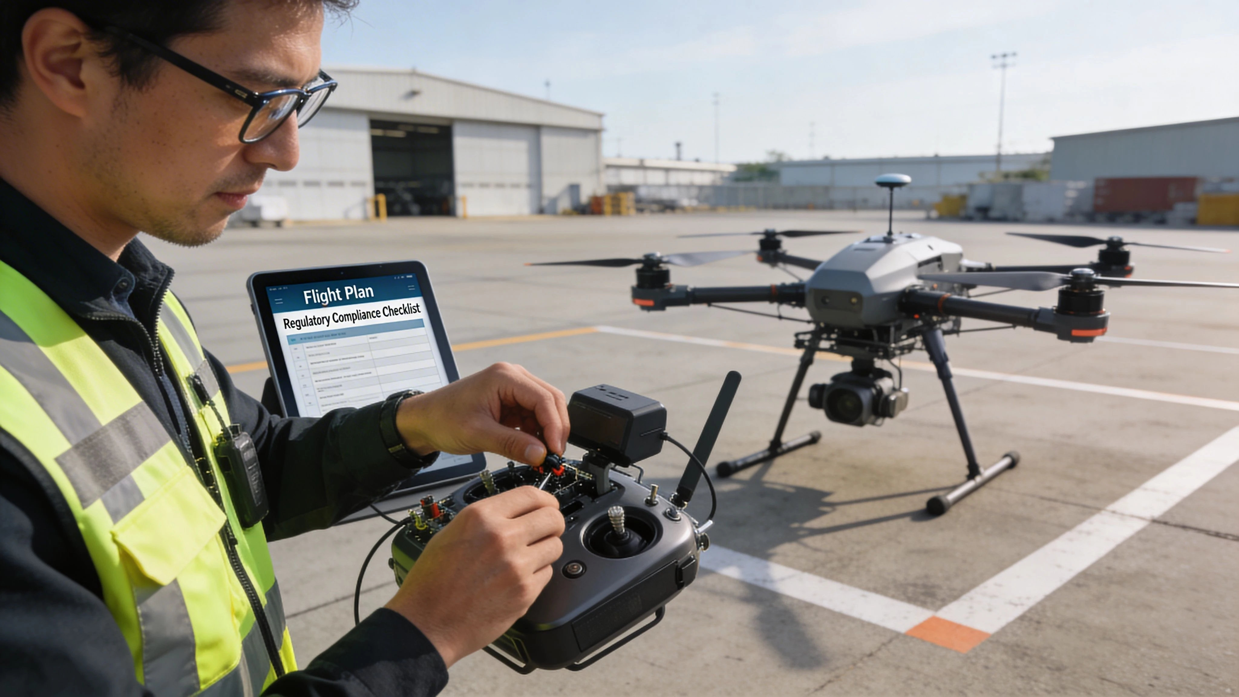 A professional drone operator using a remote controller while checking a flight plan on a tablet.