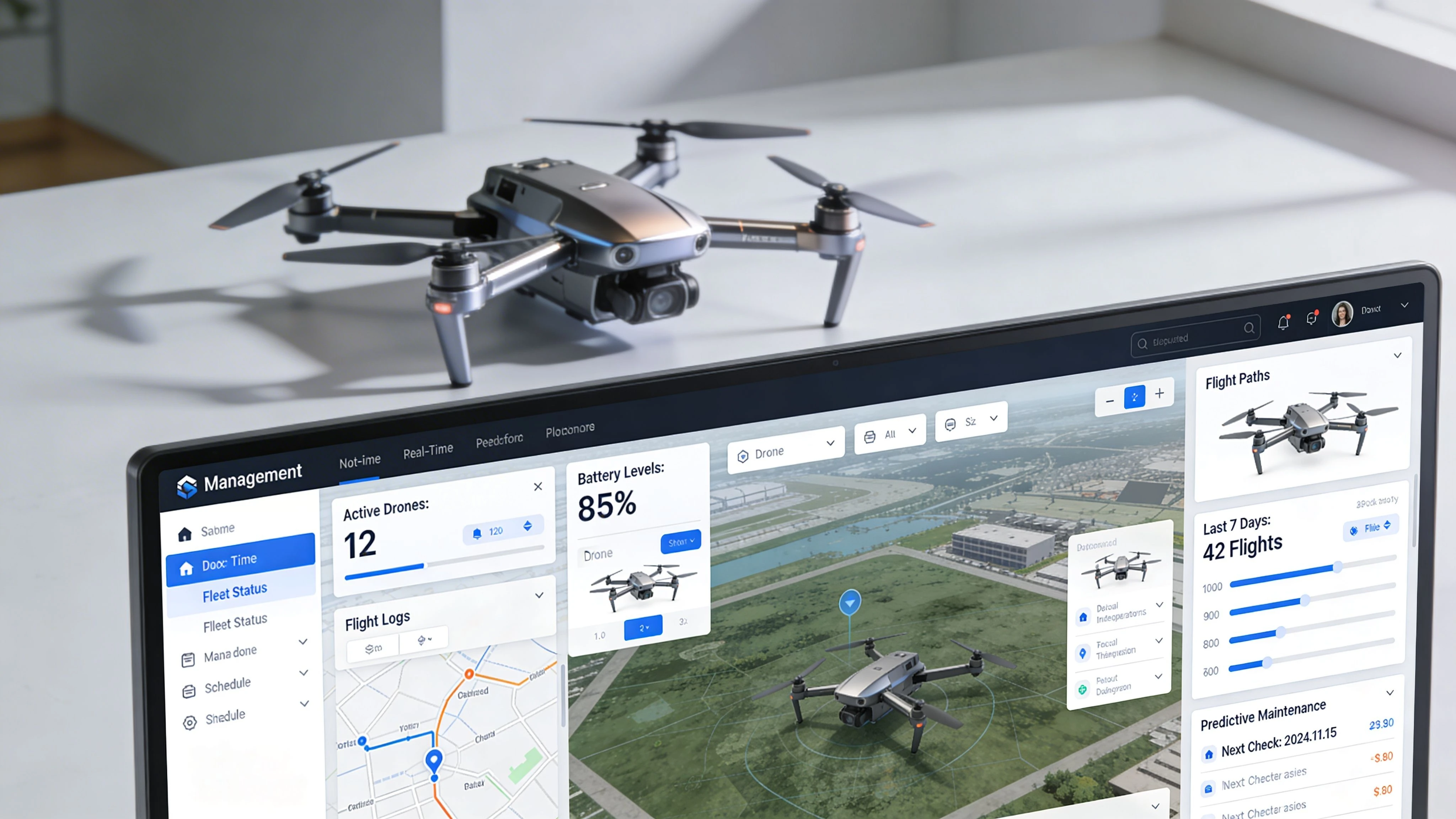 A drone sits on a table in front of a laptop displaying a fleet management software dashboard.
