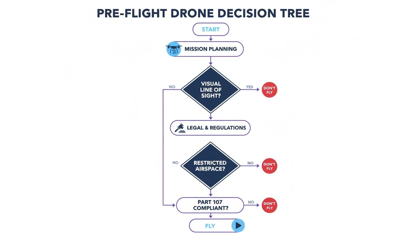 Flowchart detailing pre-flight drone decision steps: mission planning, visual line of sight, regulations, restricted airspace, and Part 107 compliance.