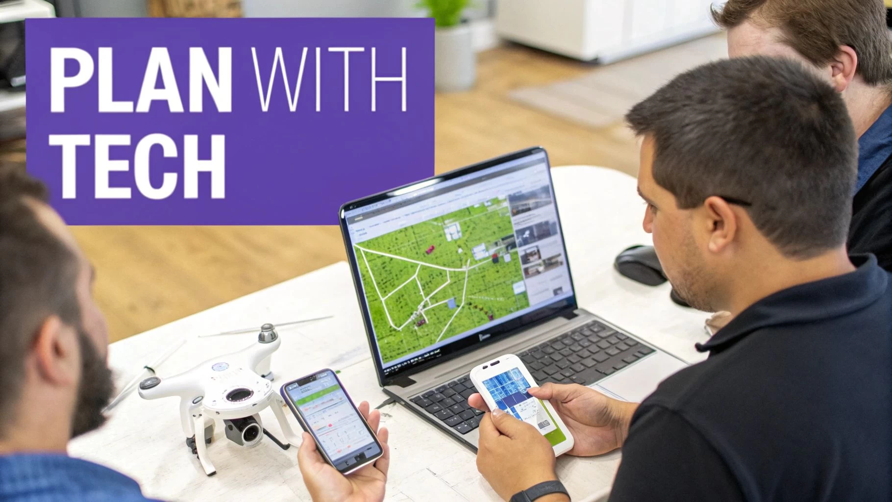 Three men collaborating, using laptops and smartphones to plan drone flights with a map displayed.