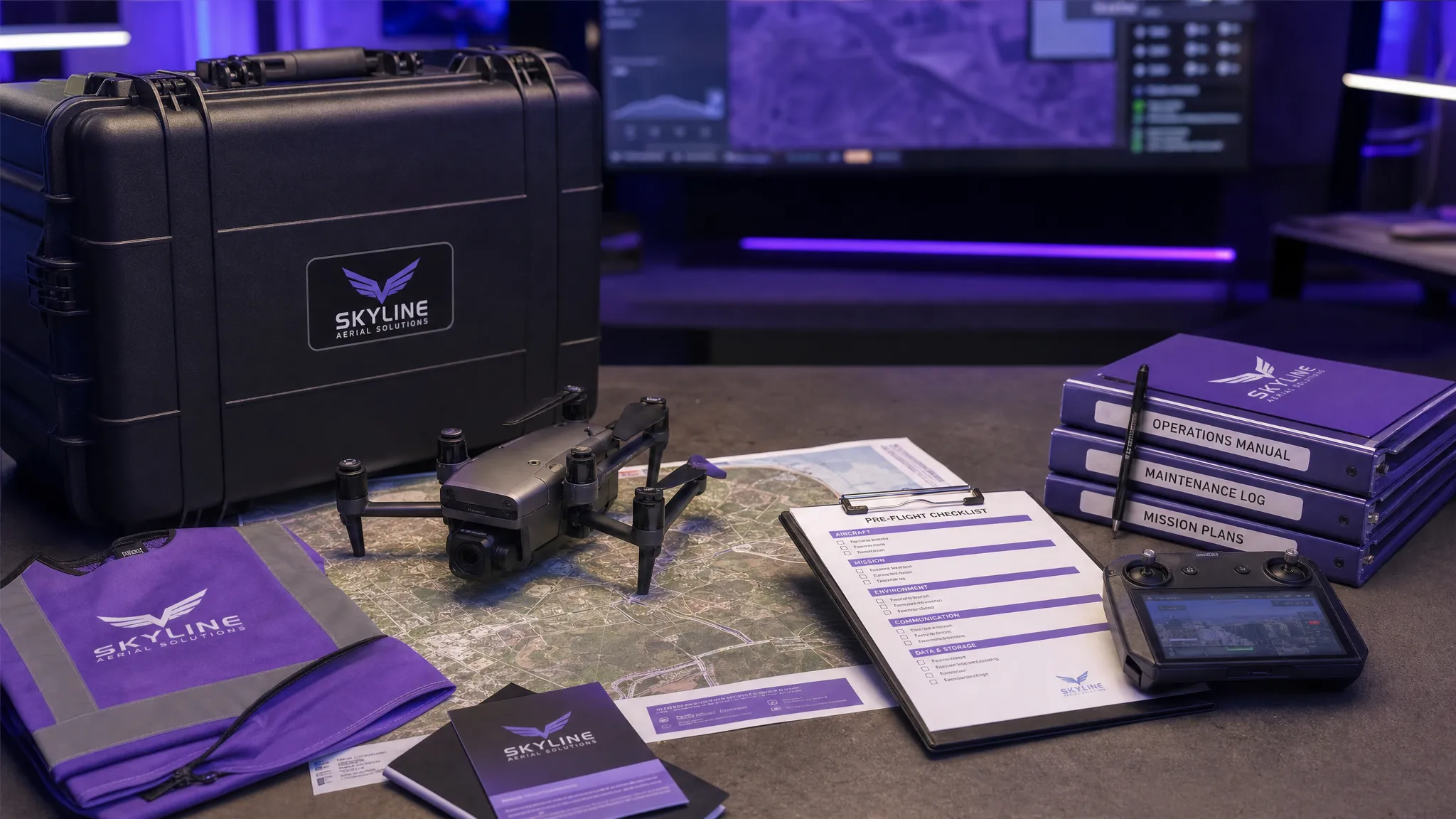A commercial drone operations workspace with a drone case, printed map, checklist, high-visibility vest, controller and neatly organised flight documents on a table, showing the shift from scattered paperwork to structured operational planning.